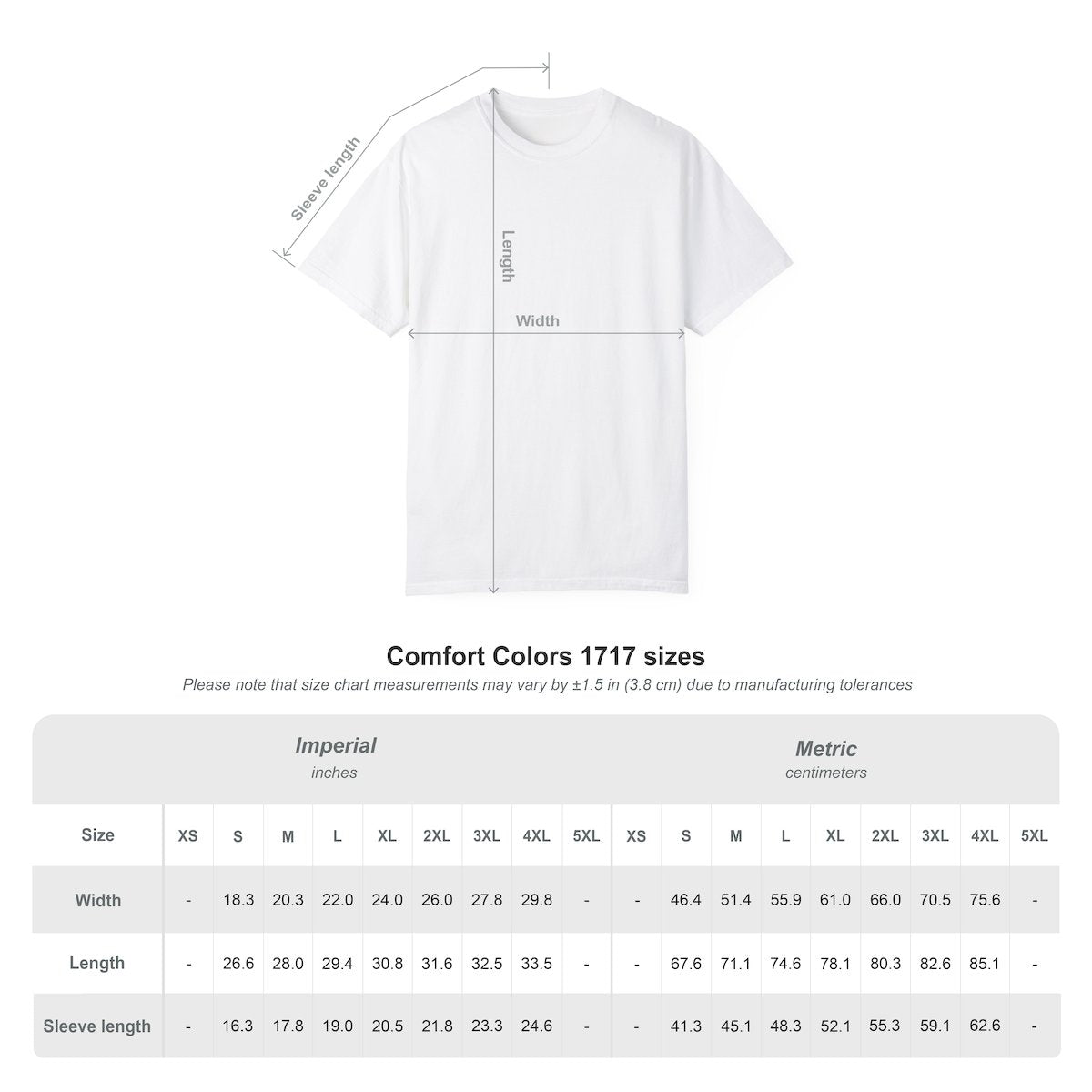 Comfort Colors 1717 size chart showing width, length, and sleeve length measurements in inches and centimeters for sizes S through 4XL